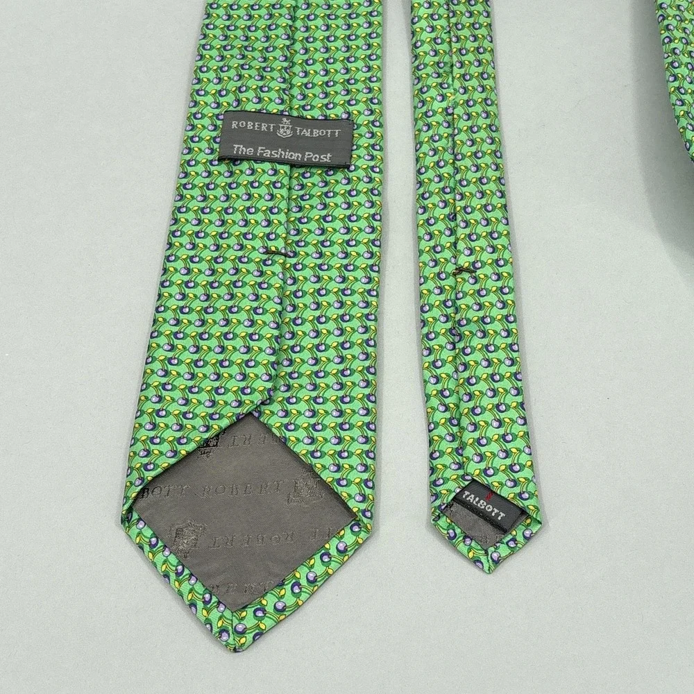 Robert Talbott Tie Mens Green Cherry Fruit Pattern Silk Made USA Necktie Novelty